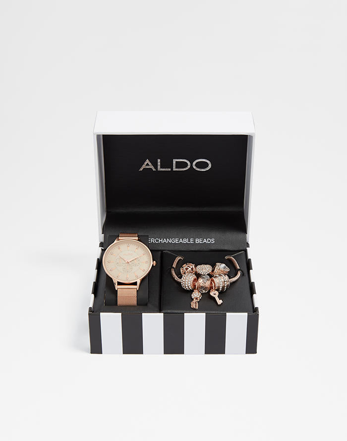 ALDO Ruden watch gift set with interchangeable charm bracelet in rose gold  | ASOS
